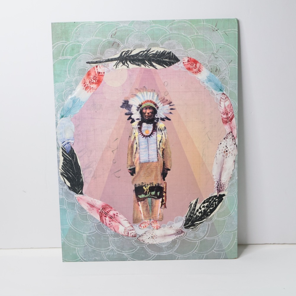 Wonderful Native American Indian Chief Colorful Art Panel PAPAYA Boho Artwork